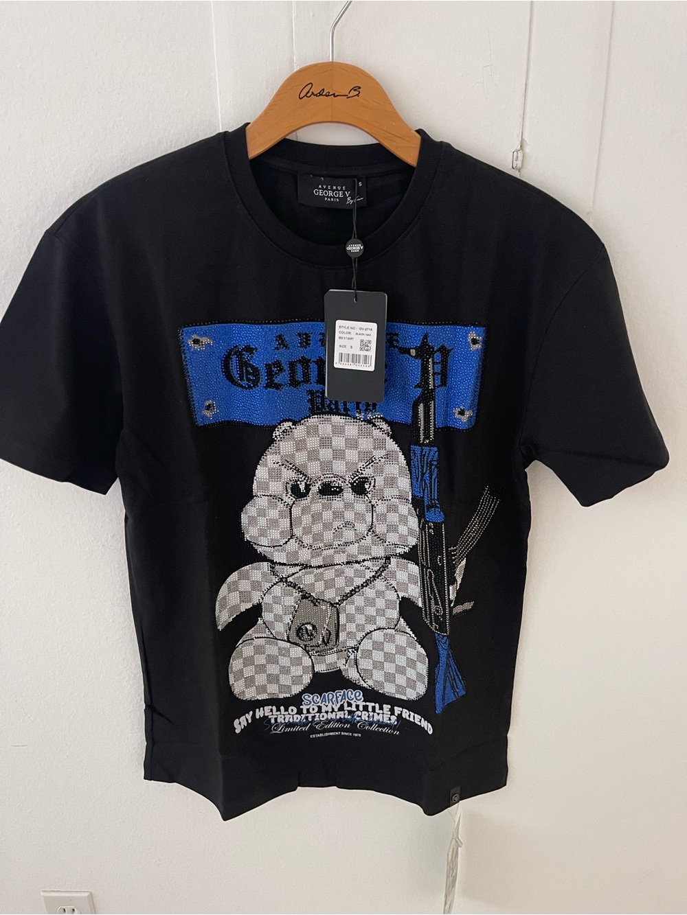 Avenue George V Paris T-Shirt Men's Black Short Sleeve Rhinestone Teddy Bear